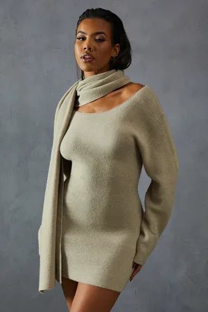 MissPap Knitted Slash Neck Scarf Detail Mini Dress