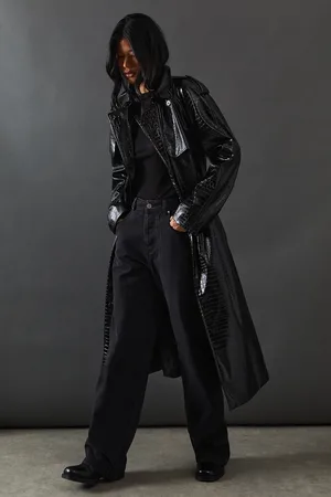 warehouse Croc Faux Leather Belted Trench Coat