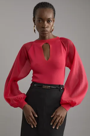 Karen Millen Viscose Blend Compact Knit Chiffon Sleeve Top