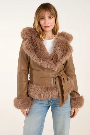 Blue Vanilla Hooded Zip Fur Cropped Leather Look Jacket