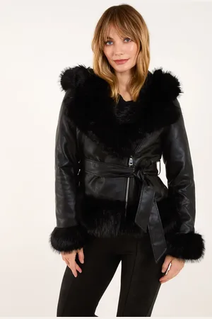 Blue Vanilla Hooded Zip Fur Cropped Leather Look Jacket