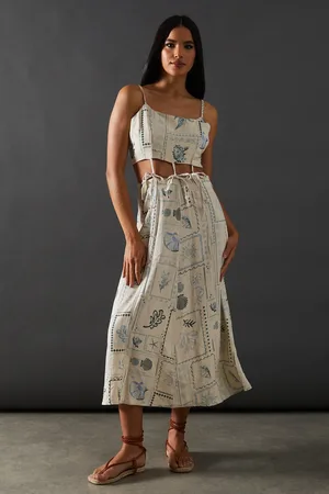 warehouse Linen Postcard Print Tie Waist Strappy Sundress