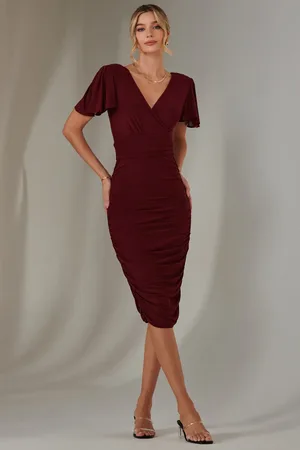 Jolie Moi Plain Angel Sleeve Ruched Bodycon Dress