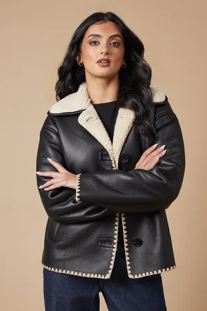 Oasis Faux Leather Button Detail Aviator Jacket