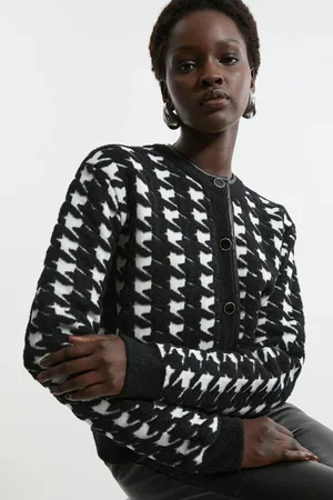 Karen Millen Boucle Jacquard Dogtooth Knit Pu Trim Jacket