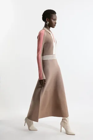 Karen Millen Petite Viscose Blend Colour Block Knit Maxi Dress