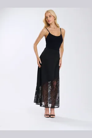 Finding Friday Satin Midi Skirt With Lace Insert