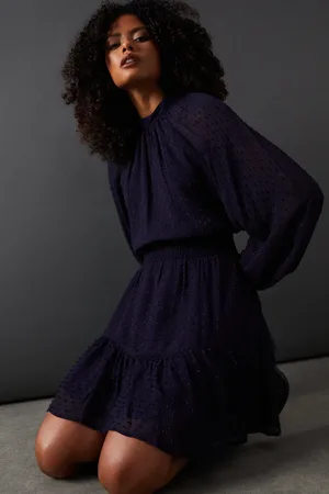 warehouse Tufted Dobby Chiffon Shirred Waist Flippy Hem Mini Dress