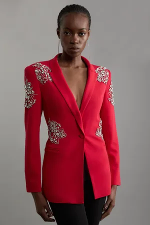 Karen Millen Crystal Embellished Tailored Single Breasted Longline Blazer