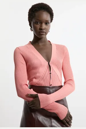 Karen Millen Viscose Blend Curve Rib Detail Knit Cardi