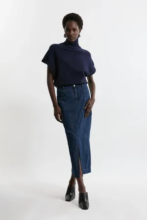 Karen Millen Petite Denim Woven Cargo Pocket Tailored Midi Skirt