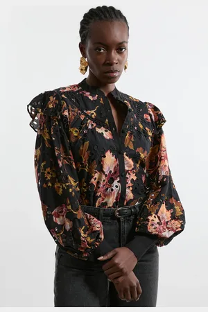 Karen Millen Tall Printed Broderie Woven Blouse With Guipure Trim