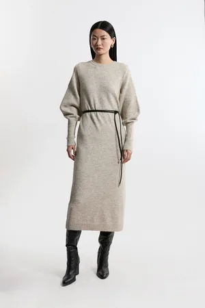 Karen Millen Wool Blend Cosy Knit Belted Long Sleeve Midi Dress