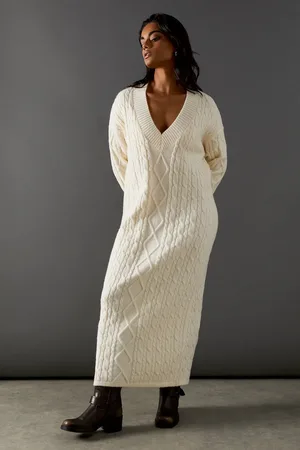 warehouse Cosy Cable Knit V Neck Maxi Jumper Dress
