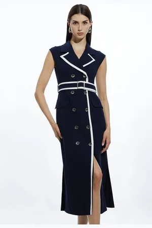 Karen Millen Compact Stretch Double Breasted Belted Tipped Tailored Midi Dress