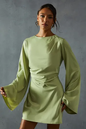 MissPap Satin Slash Neck Cinched Waist Flare Sleeve Mini Dress
