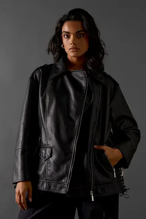 warehouse Oversized Whipstitch Detail Leather Look Jacket