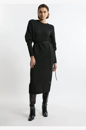 Karen Millen Wool Blend Cosy Knit Belted Long Sleeve Midi Dress