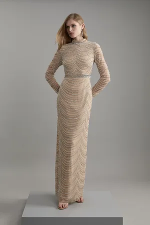 Karen Millen Petite Embellished Woven Long Sleeved Maxi Dress