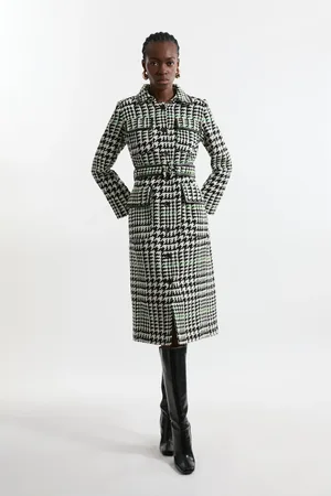 Karen Millen Houndstooth Check Pocket Detail Belted Pu Tipped Tailored Midi Coat