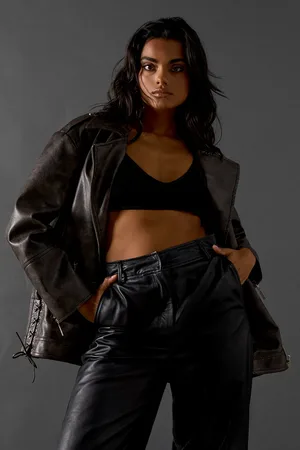 warehouse Oversized Whipstitch Detail Leather Look Jacket