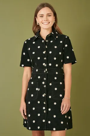 Yumi Daisy Embroidered Cord Shirt Dress