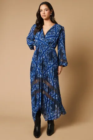 Oasis Scarf Print Pleated Lace Trim Insert Wrap Midi Dress