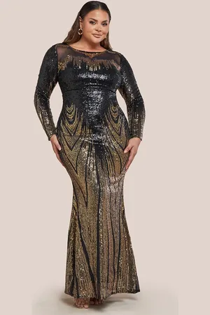 Goddiva Long Sleeve Aztec Sequin Maxi Dress