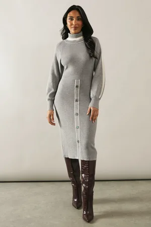 wallis Petite Tipped Button Skirt Roll Neck Midi Dress