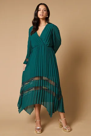 Oasis Pleated Lace Trim Insert Wrap Midi Dress