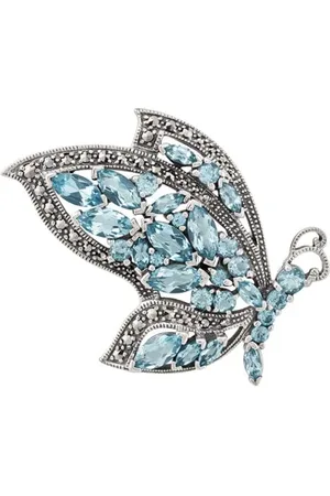 Gemondo Art Nouveau Style Marquise Blue Topaz & Marcasite Flying Butterfly Brooch in 925 Sterling