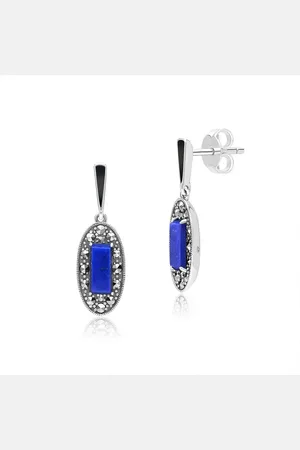 Gemondo Art Deco Style Oval Lapis Lazuli, Marcasite and Black Enamel Drop Earrings in Sterling