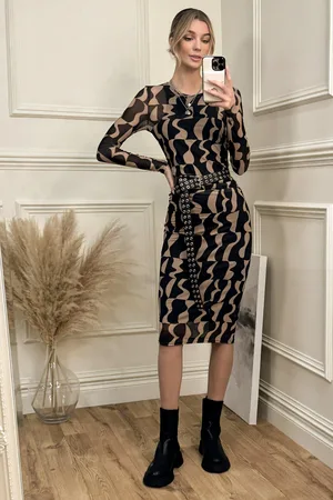 Jolie Moi Print Long Sleeve Mesh Bodycon Dress