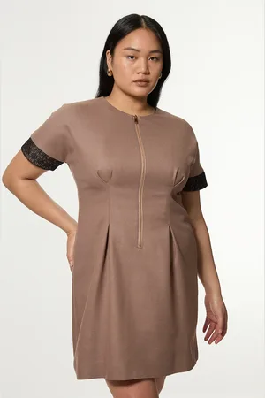 Karen Millen Plus Size Tailored Twill Lace Mix Zip Front Mini Dress