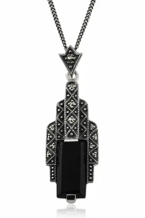 Gemondo Art Deco Style Rectangle Black Onyx Cabochon & Marcasite Necklace in 925 Sterling