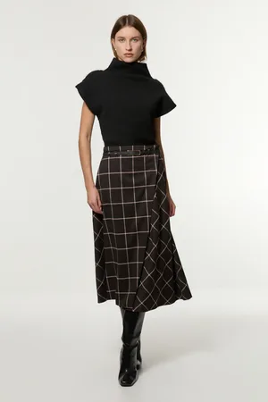 Karen Millen Petite Check Pleated Kilt Belted Midi Skirt