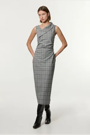 Karen Millen Check Tailored Full Skirted Asymmetrical Maxi Dress