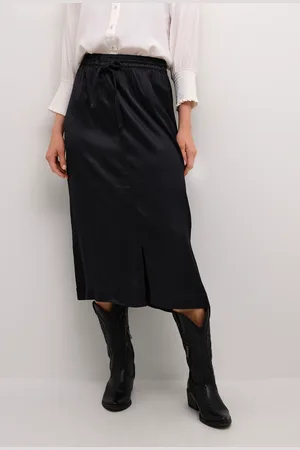 Cream Crviria Below Knee Length Satin Skirt Plain