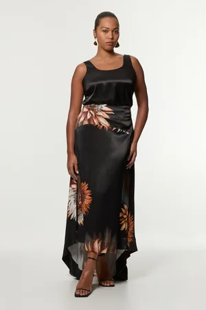 Karen Millen Plus Size Viscose Satin Printed Panelled Train Maxi Skirt