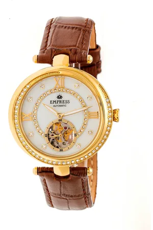 Empress Stella Automatic Semi-Skeleton MOP Leather-Band Watch