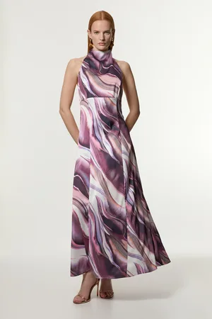 Karen Millen Graduated Stripe Viscose Satin Halter Dress