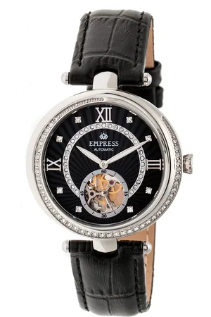 Empress Stella Automatic Semi-Skeleton MOP Leather-Band Watch