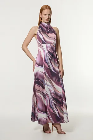 Karen Millen Tall Graduated Stripe Viscose Satin Halter Dress
