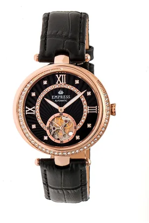 Empress Stella Automatic Semi-Skeleton MOP Leather-Band Watch