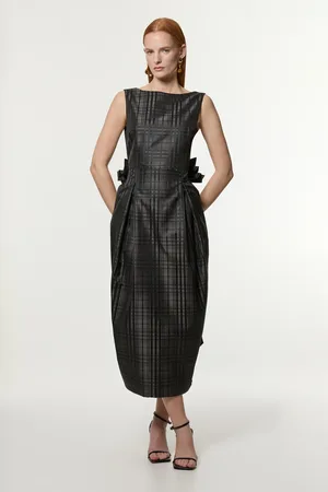 Karen Millen Taffeta Check Bow Detail Tailored Maxi Dress