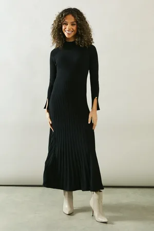 wallis Button Cuff Detail High Neck Pleated Knitted Midaxi Dress