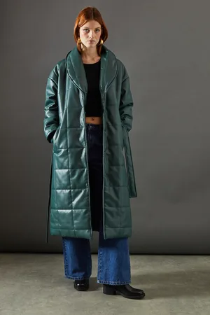warehouse Faux Leather Wrap Belted Padded Coat
