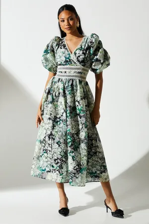 Coast Printed Jacquard Lace Trim Gathered Sleeve Dress