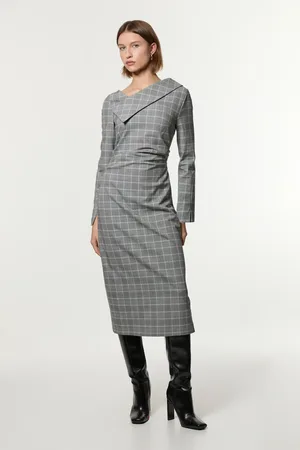 Karen Millen Check Tailored Asymmetrical Collared Fitted Maxi Dress