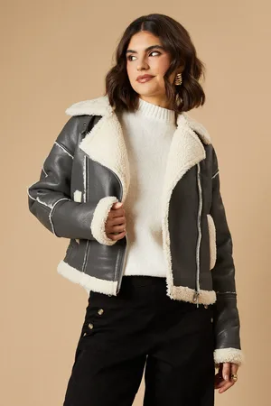 Oasis PU Borg Detail Collared Zip Jacket